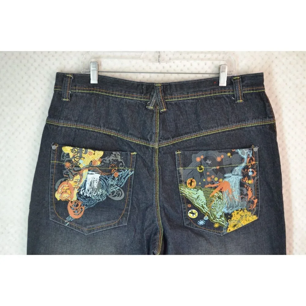 Paco Jeans Men's 38x32 Dark Wash Graphic Print Baggy Y2K Skater Jeans